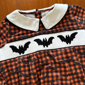 Smockingbird Baby Boy Orange and Black Bat Halloween Smocked romper size 9 month